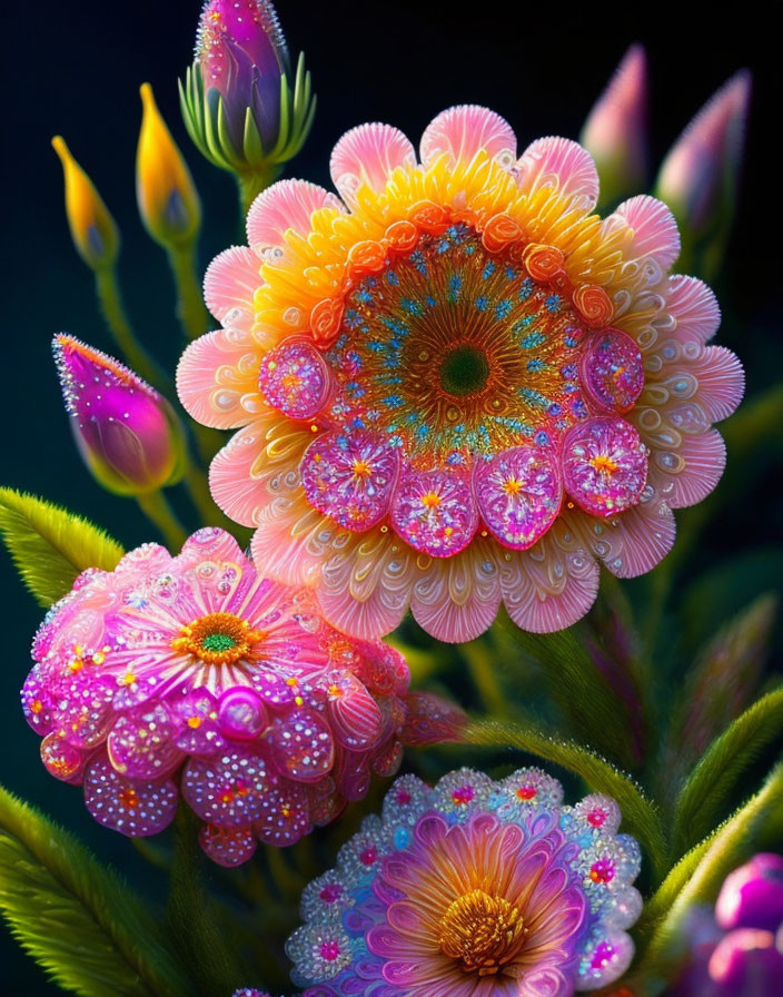 Vibrant dew-covered flowers with gradient petals on dark background