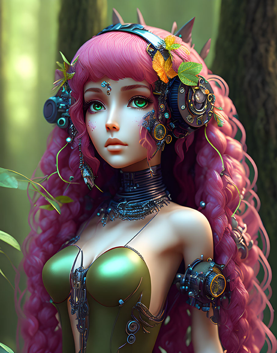 Digital artwork of female figure with pink hair, green eyes, cybernetic headphones, nature-inspired decorations