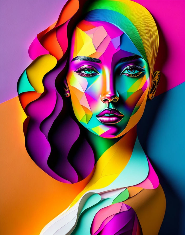 Colorful digital portrait of a woman with geometric patterns and flowing hair