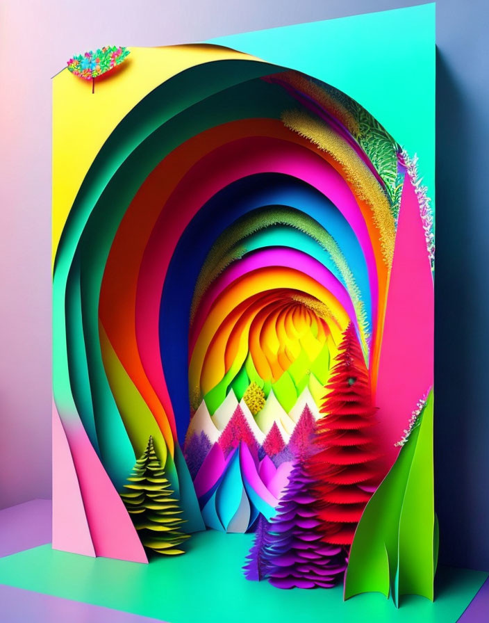 Colorful 3D paper art sculpture with multicolored arches and paper trees