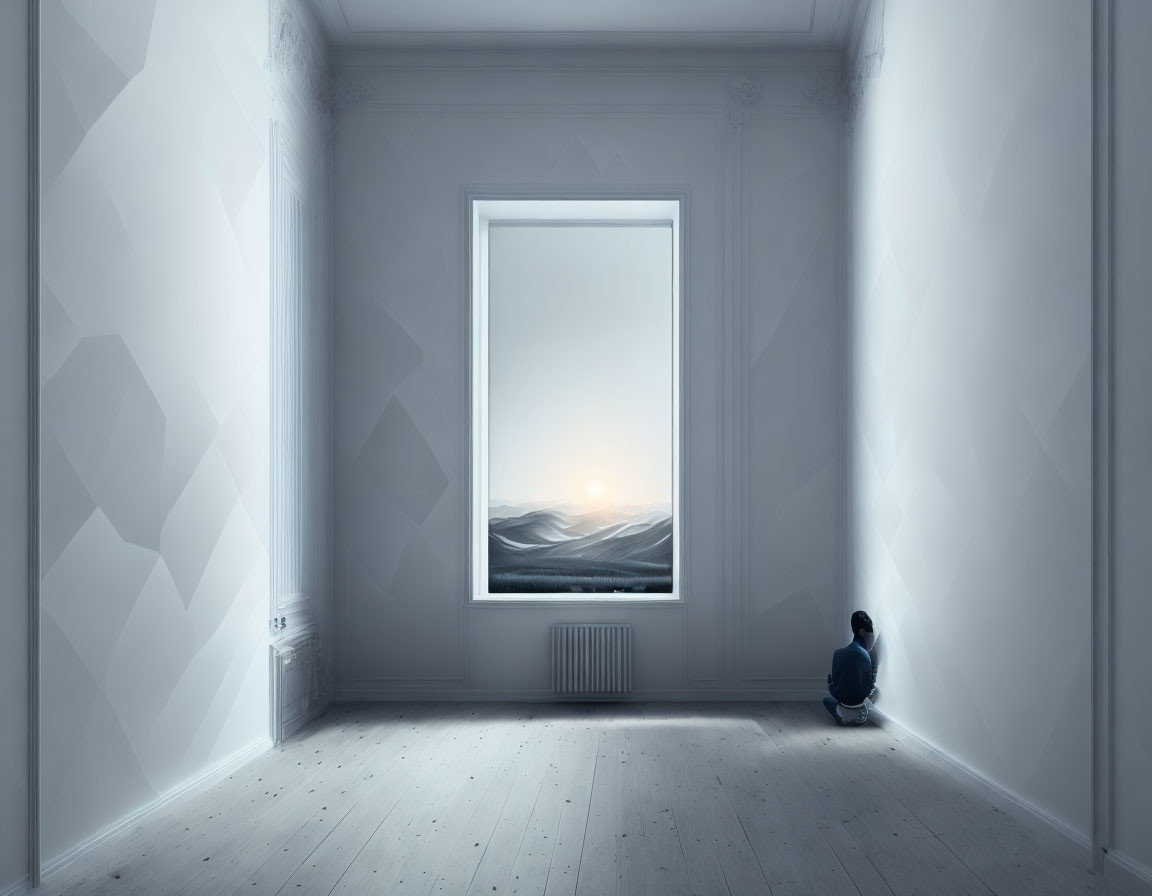 Person Contemplating at Sunrise in a Dimly Lit Room