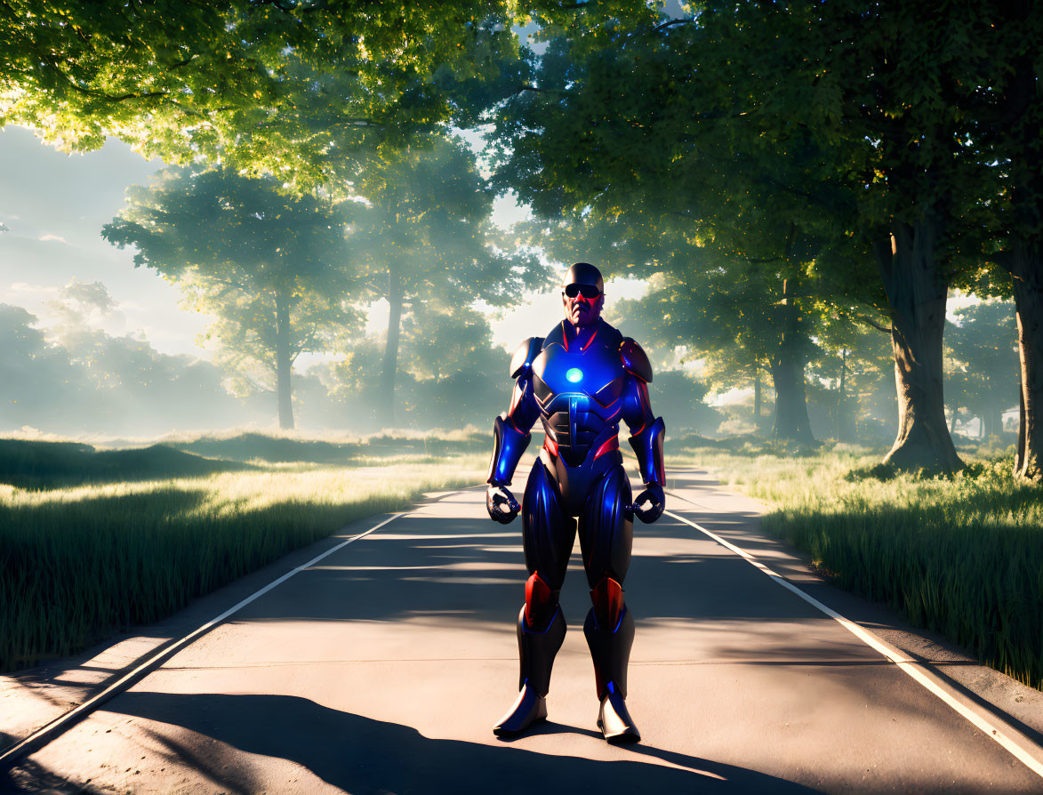 Futuristic superhero in blue and red suit on sunlit road