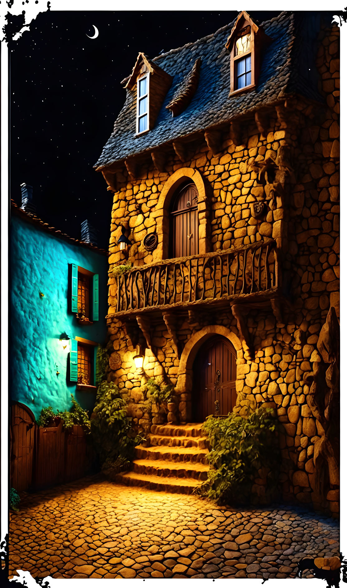Stone cottage with wooden balcony under starry sky next to blue house