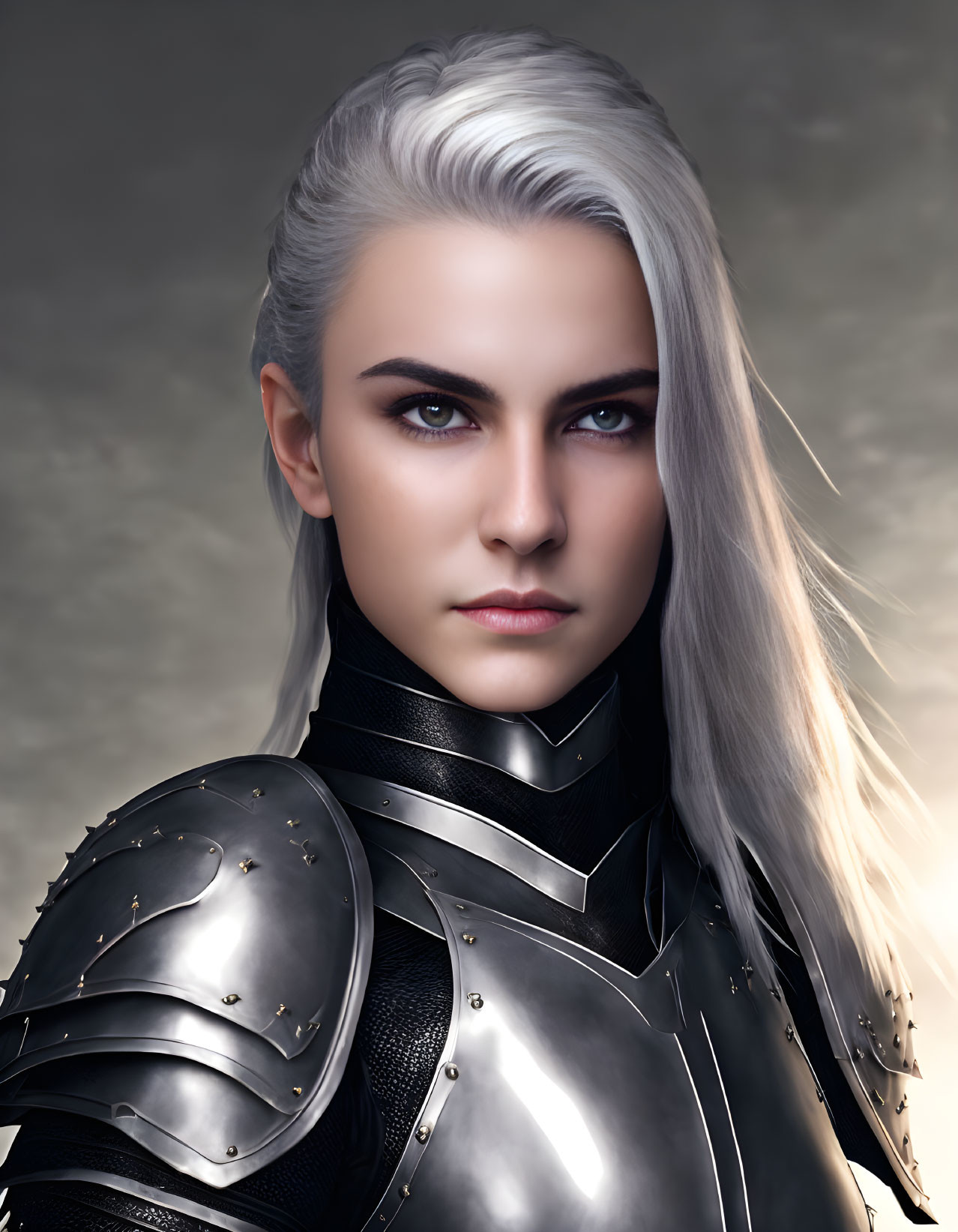Digital art portrait: Woman with white hair and blue eyes in medieval plate armor