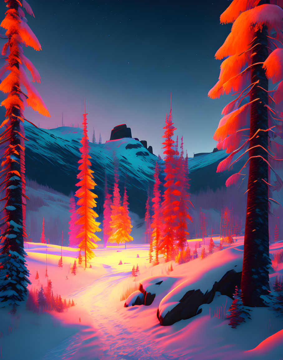 Snow-covered Winter Landscape with Neon Pink Pine Trees and Mountain Silhouette