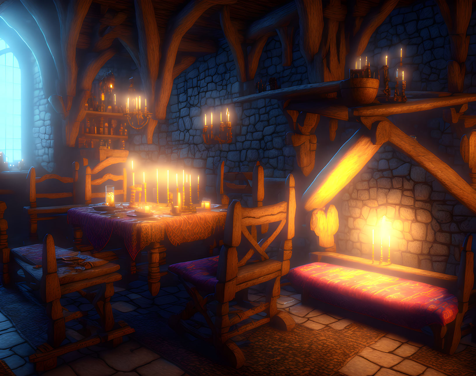 Medieval tavern interior with wooden tables, benches, candles, fireplace, stone walls, arched ceiling