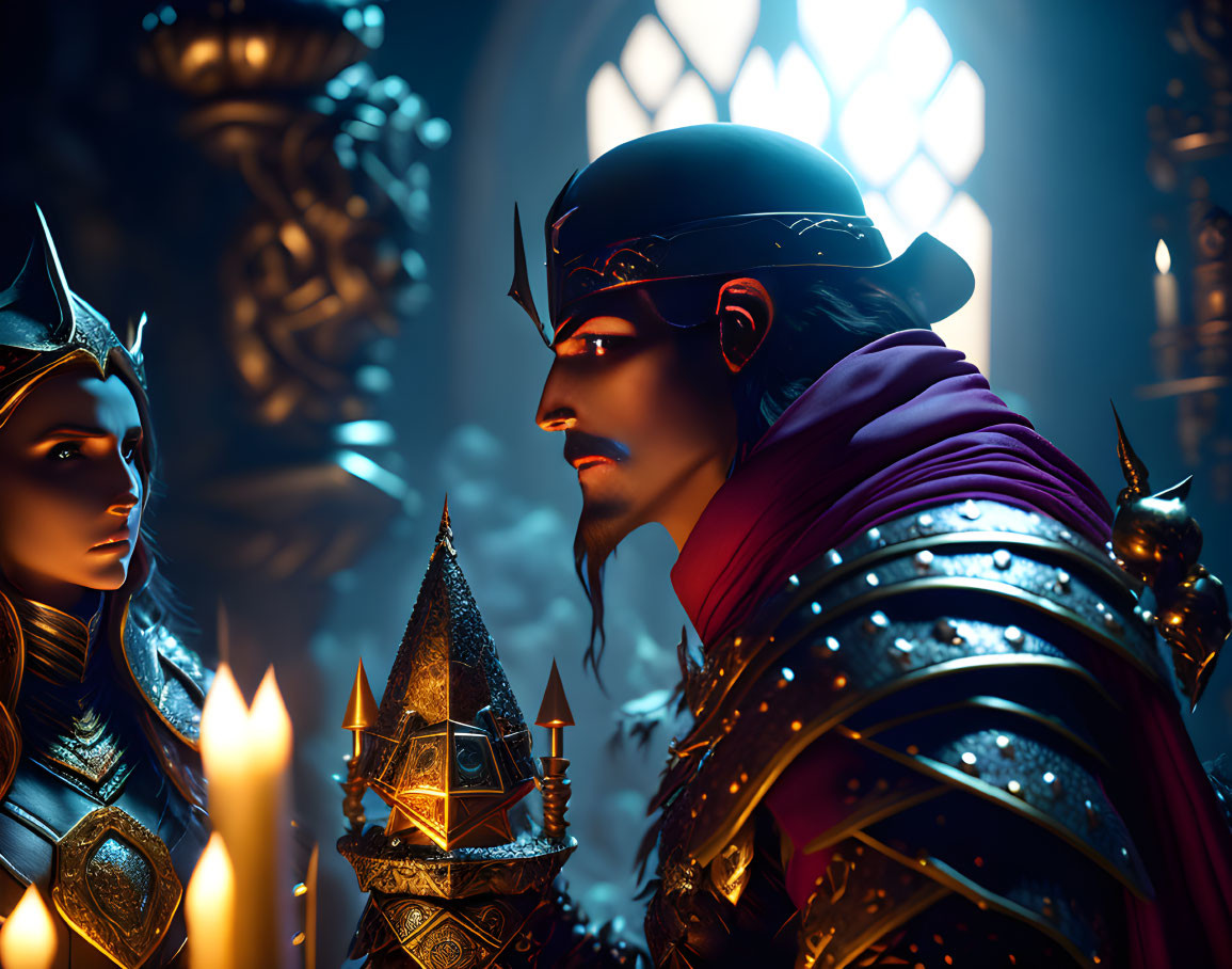 Armored fantasy characters in candlelit room with stained glass windows