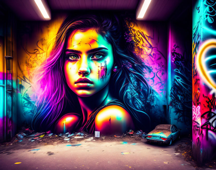 Colorful graffiti mural of woman's face with purple and blue hues, surrounded by tags and toy car