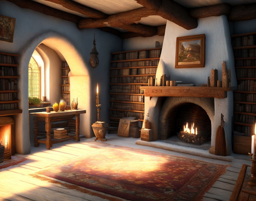 Warm Rustic Interior with Fireplace, Bookshelves, Wooden Beams, and Large Rug