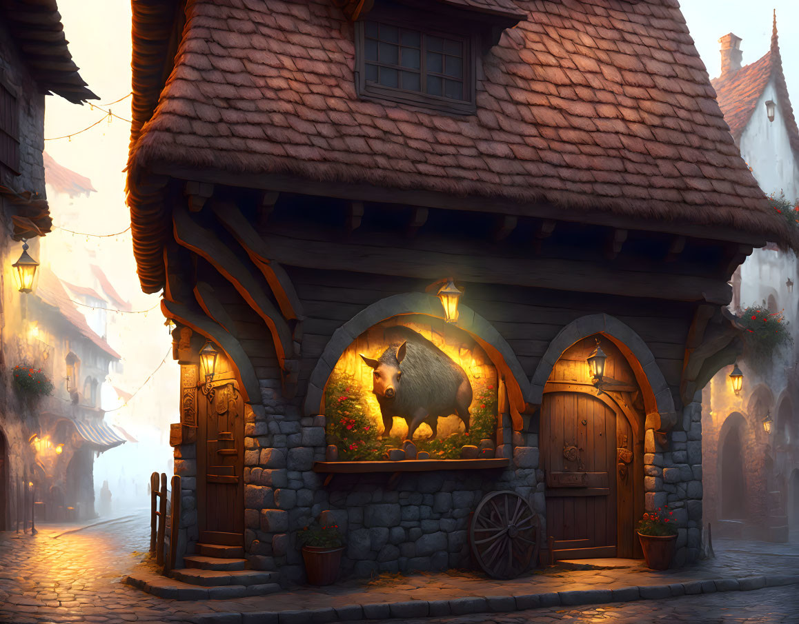Medieval Tavern with Warm Lighting and Pig Sign in Tranquil Village Street at Dusk