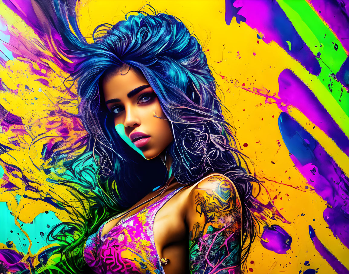 Colorful digital artwork: Woman with blue hair and tattoos in neon paint
