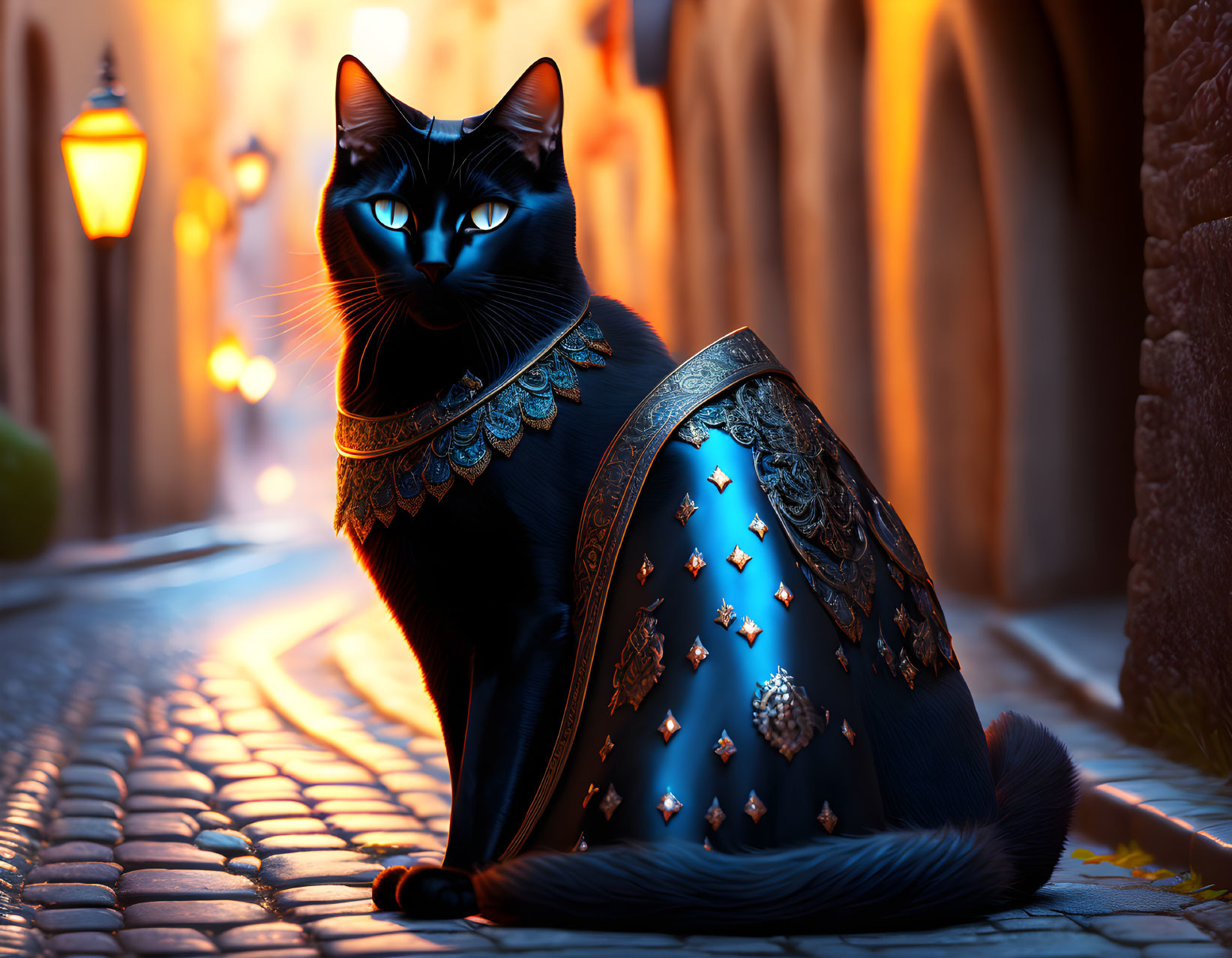 Black Cat in Royal Blue Cloak on Cobblestone Street with Lanterns