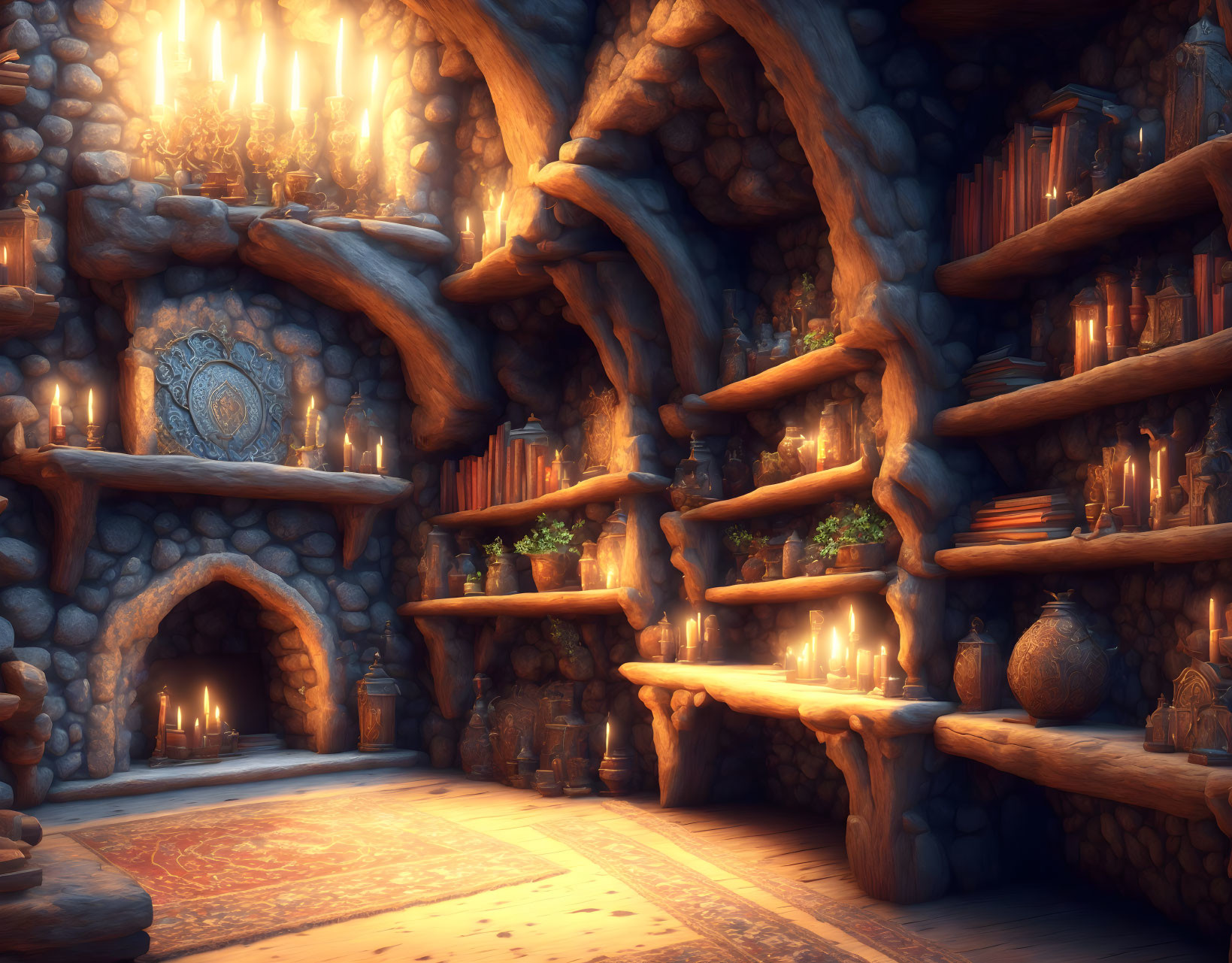 Fantasy-style interior with stone walls, fireplace, candles, books, wooden shelves, and ornate