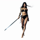 Female warrior digital artwork with long black hair, tattoos, tribal attire, and staff on white background
