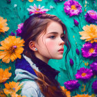 Young girl with elegant braided hairstyle in vibrant field of multicolored flowers