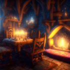 Medieval tavern interior with wooden tables, benches, candles, fireplace, stone walls, arched ceiling