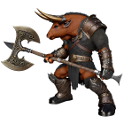 Muscular Minotaur Warrior in Ornate Armor with Large Axe and Symbol on White Background