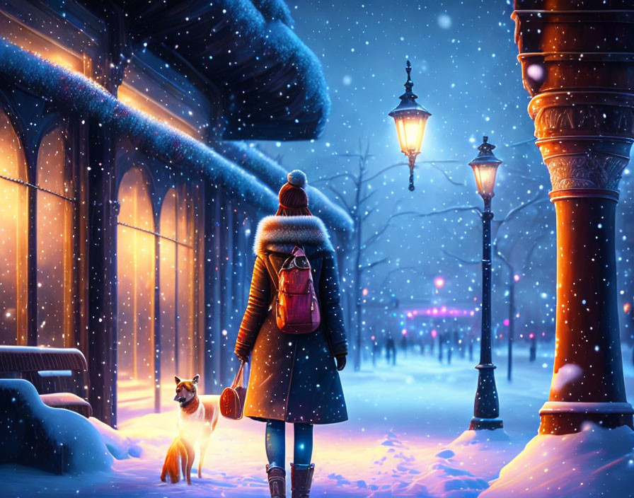 Person and dog under street lamps in snowy evening scene