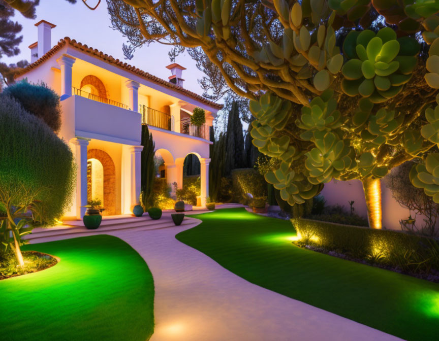 Luxurious villa at dusk with illuminated garden paths and stylized lighting.