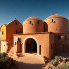 Terracotta domed buildings with blue windows by the sea and desert plants