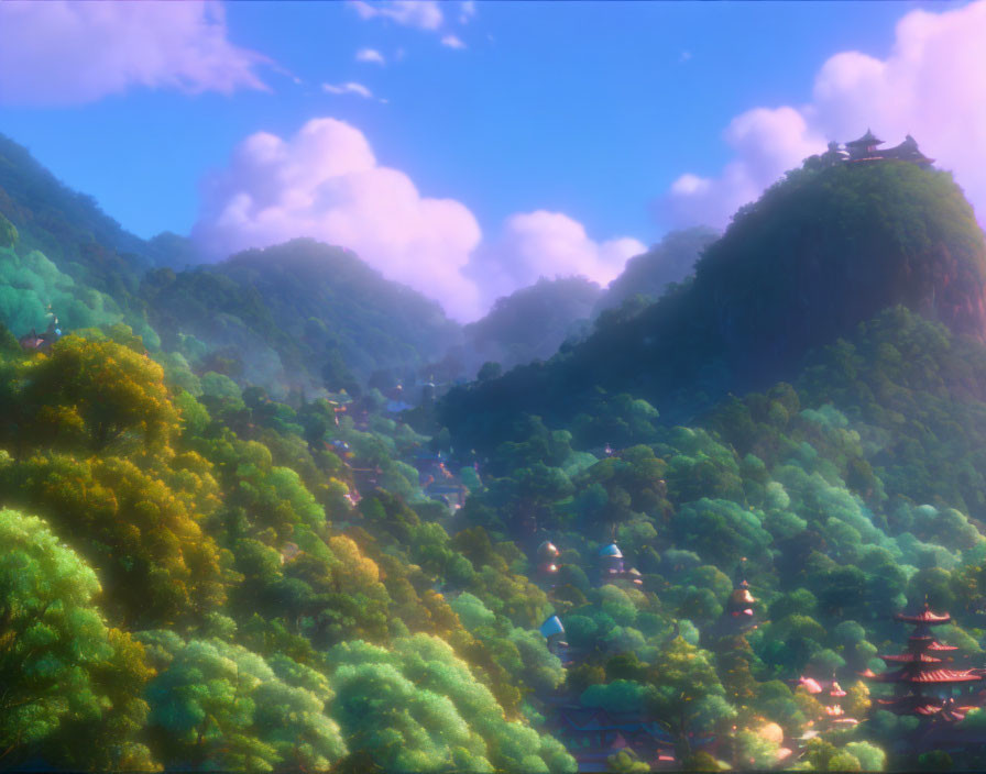 Tranquil animated landscape with lush forests and pagoda-style buildings