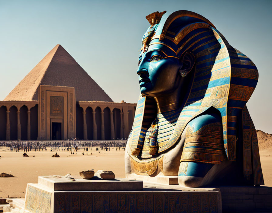 Great Sphinx and Pyramid of Khafre in Giza, Egypt under clear blue sky