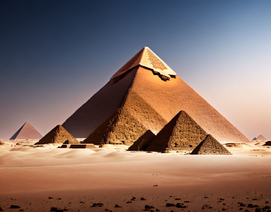 Great Pyramid of Giza and smaller pyramids under hazy sky