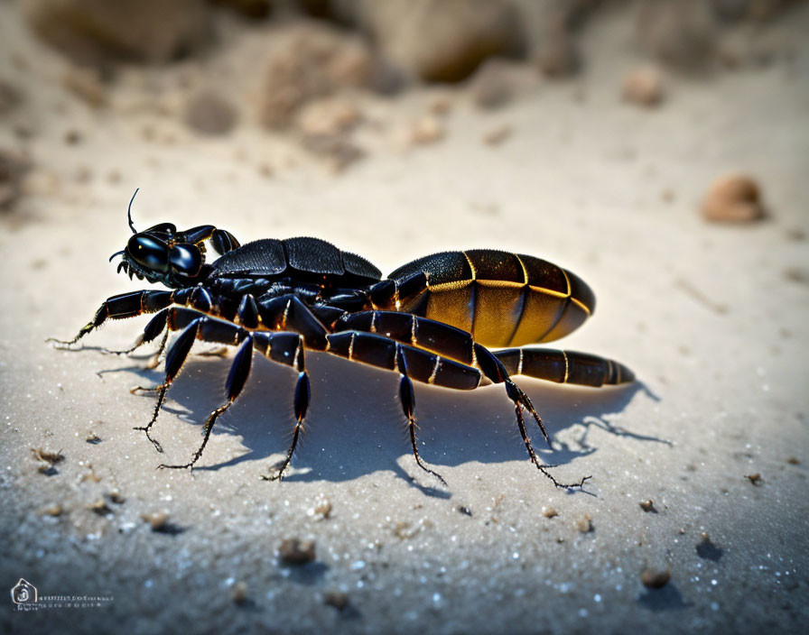 Detailed Close-Up of Black and Yellow Wasp on Sandy Ground