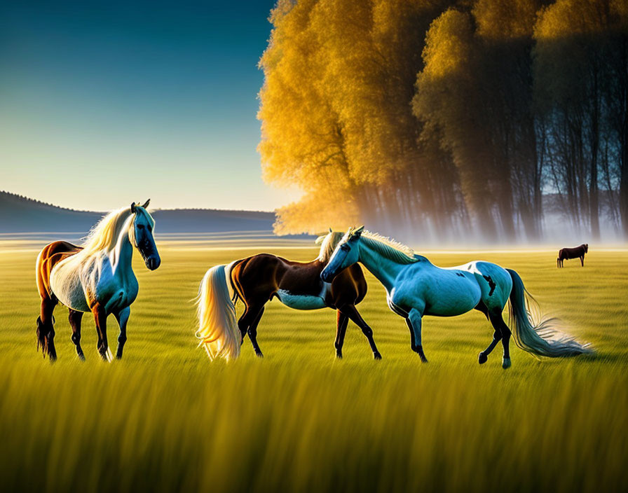 Four horses in sunlit field with autumn trees