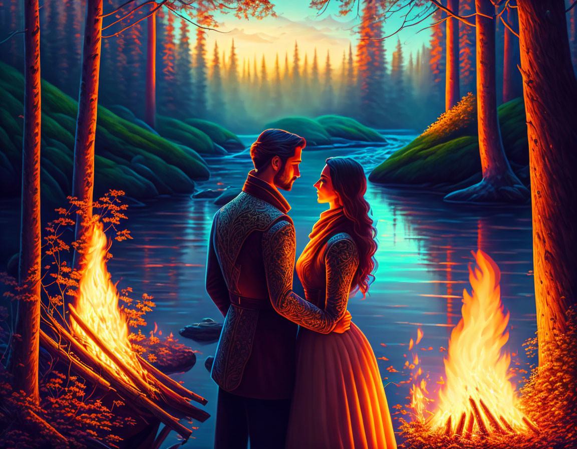 Couple by campfire in forest at dusk with river and trees