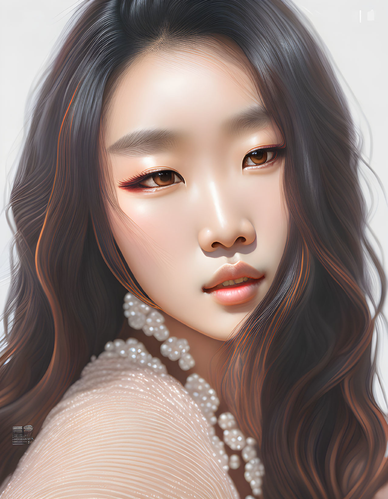 Digital portrait of woman with wavy hair, pearlescent eye shadow, glossy lips, and pearl