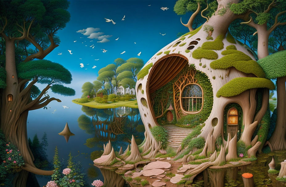 Whimsical landscape with mushroom treehouses, lush greenery, reflective lake, paper boats, birds