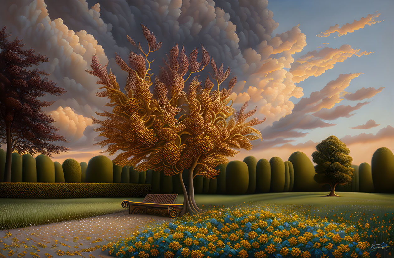 Golden tree, bench, yellow flowers in whimsical landscape under dramatic sky