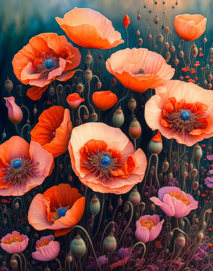 Vibrant red and orange poppies on dark leafy backdrop