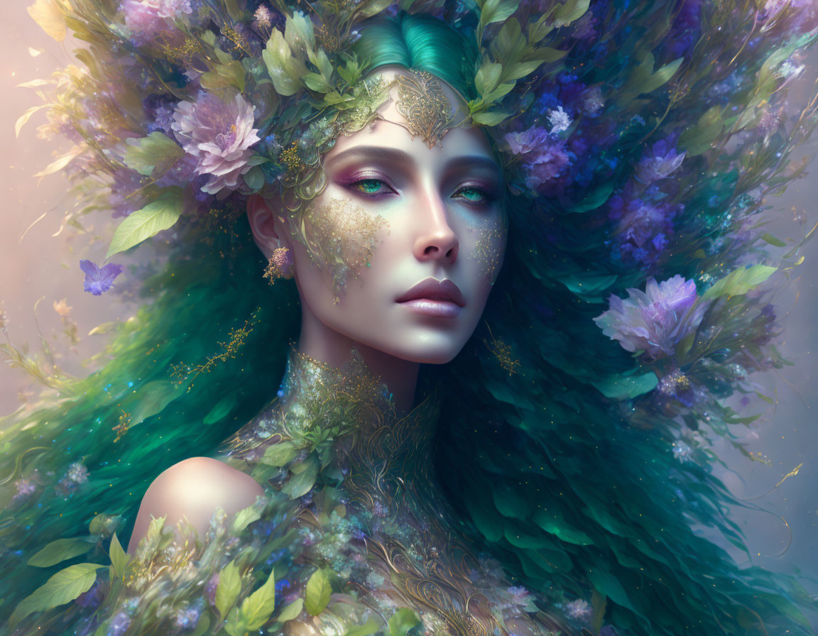 Ethereal woman with green hair and floral adornments embodies spring fantasy