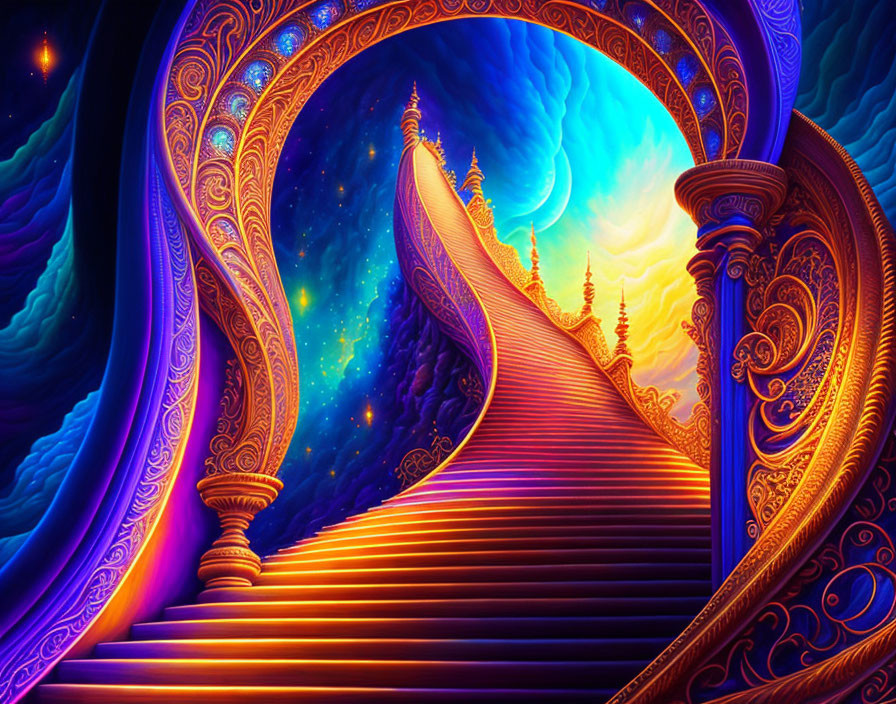 Fantasy spiral staircase in golden frame under celestial sky