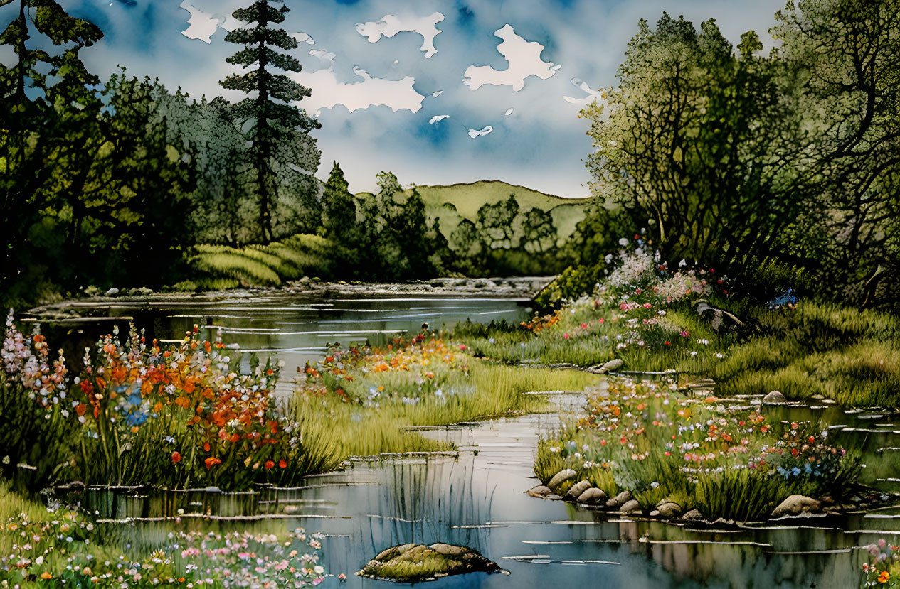 Tranquil watercolor painting of riverside with wildflowers, rocks, and green hills