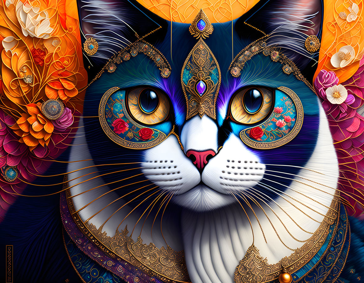 Colorful Digital Artwork: Cat with Floral Patterns & Jewels