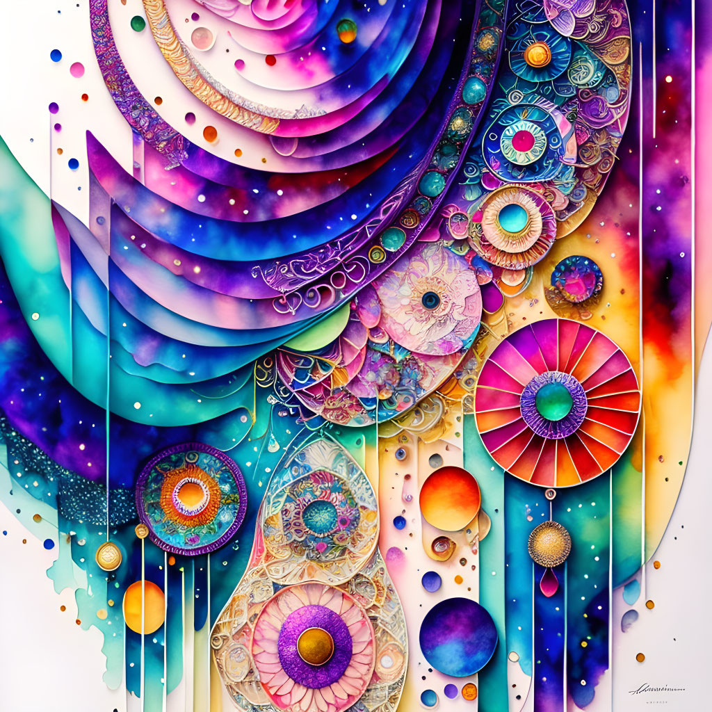 Vibrant abstract artwork with cosmic and floral motifs in purples, blues, and pinks