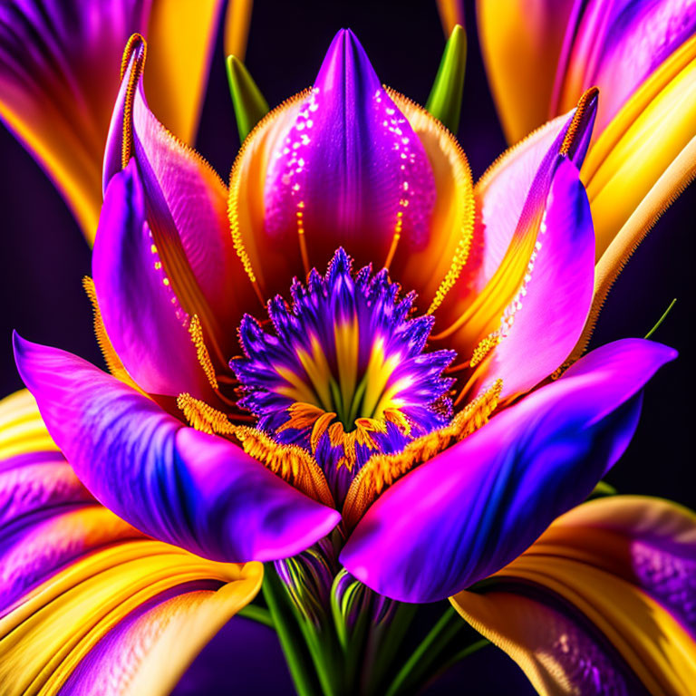 Colorful Close-Up of Purple and Yellow Flower Petals with Detailed Center