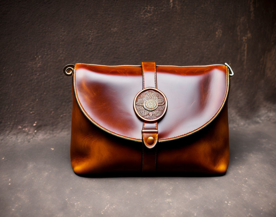Brown Leather Handbag with Circular Metal Clasp on Dark Textured Background