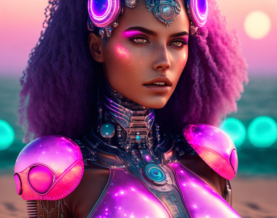 Futuristic woman with purple hair and cybernetic enhancements on sunset beach