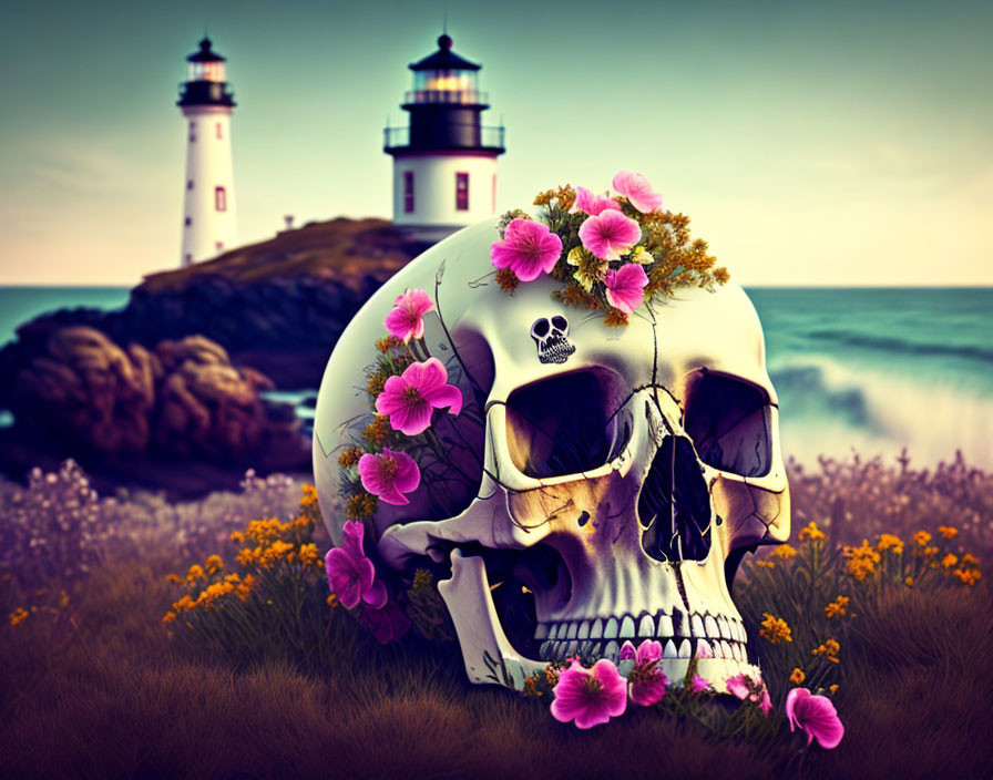 Skull with flowers in field near lighthouse by the sea