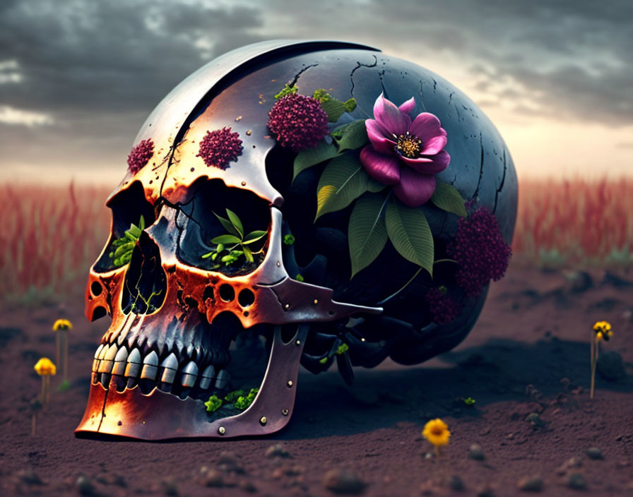 Metallic skull with flowering plants in cracks against dusky landscape