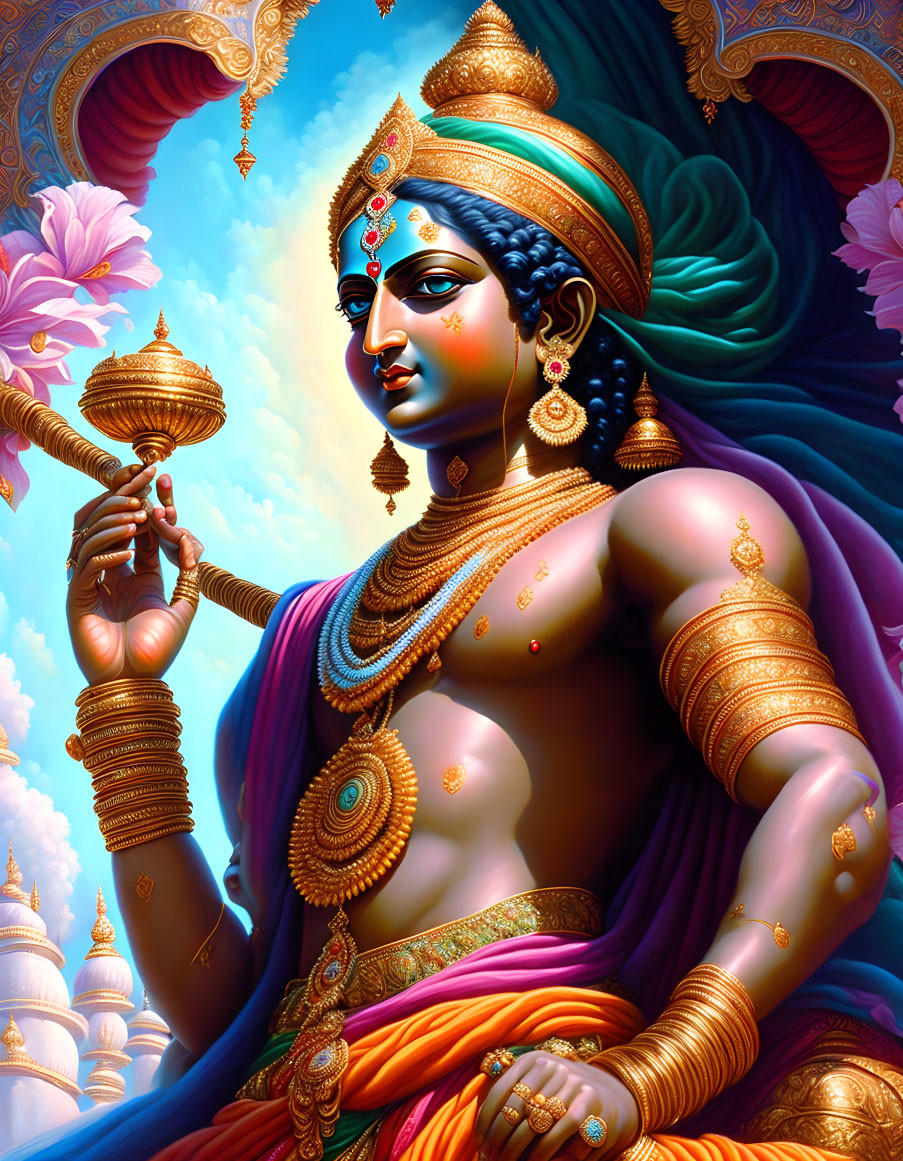 Blue-skinned deity with four arms, holding a lamp, adorned in golden jewelry - vibrant illustration of