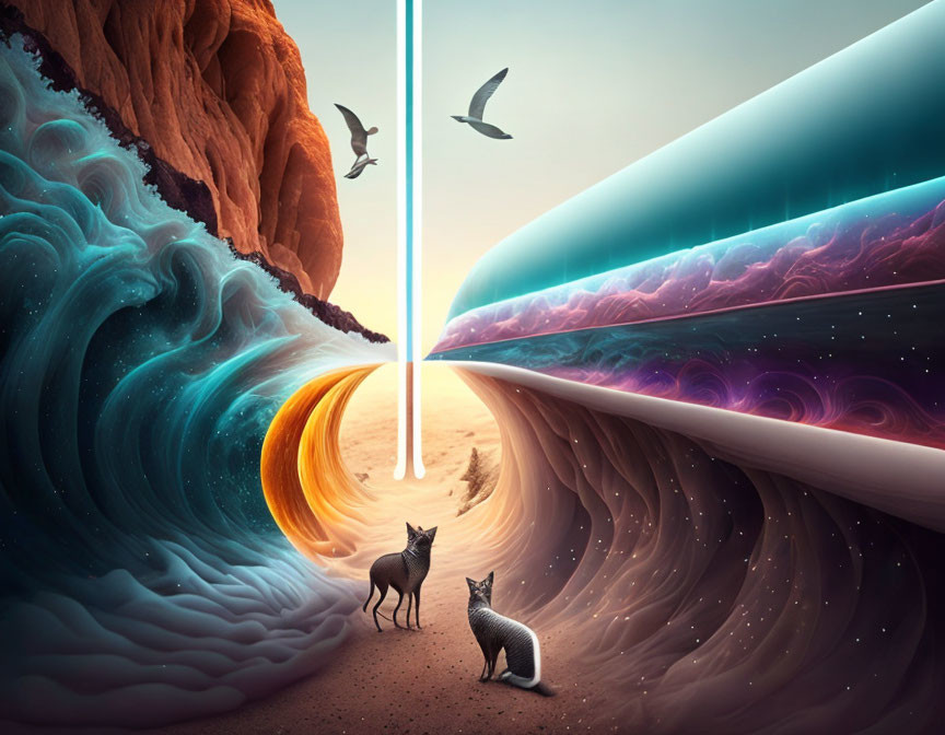 Surreal landscape with dual environment split by light beam, waves and cosmic scene, foxes and