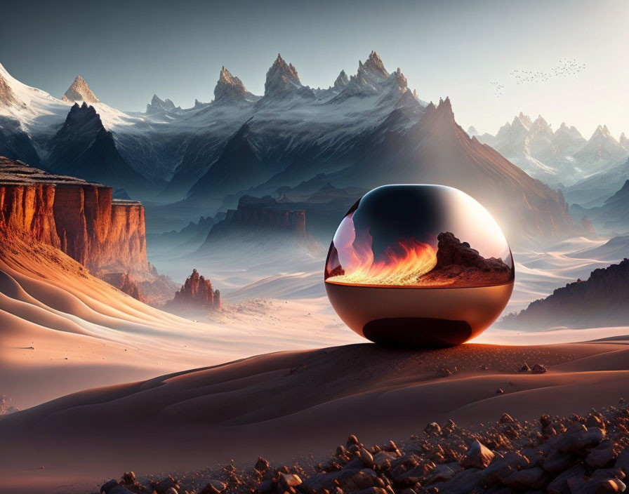 Surreal landscape with reflective sphere and volcanic activity in desert setting