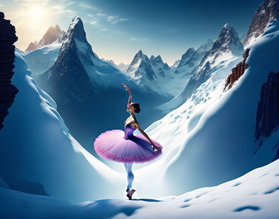 Ballet dancer in purple tutu en pointe on snowy mountain backdrop
