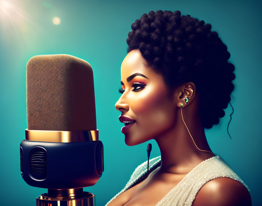 Woman with elegant hairstyle singing into vintage microphone under spotlight