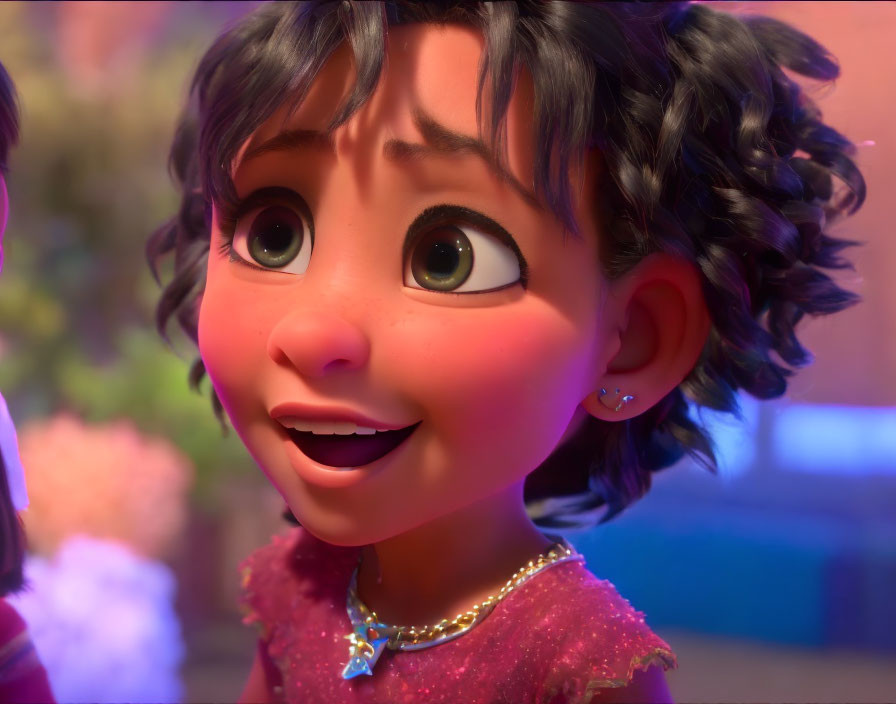 Brown-eyed animated girl in pink dress with curly hair and star necklace.